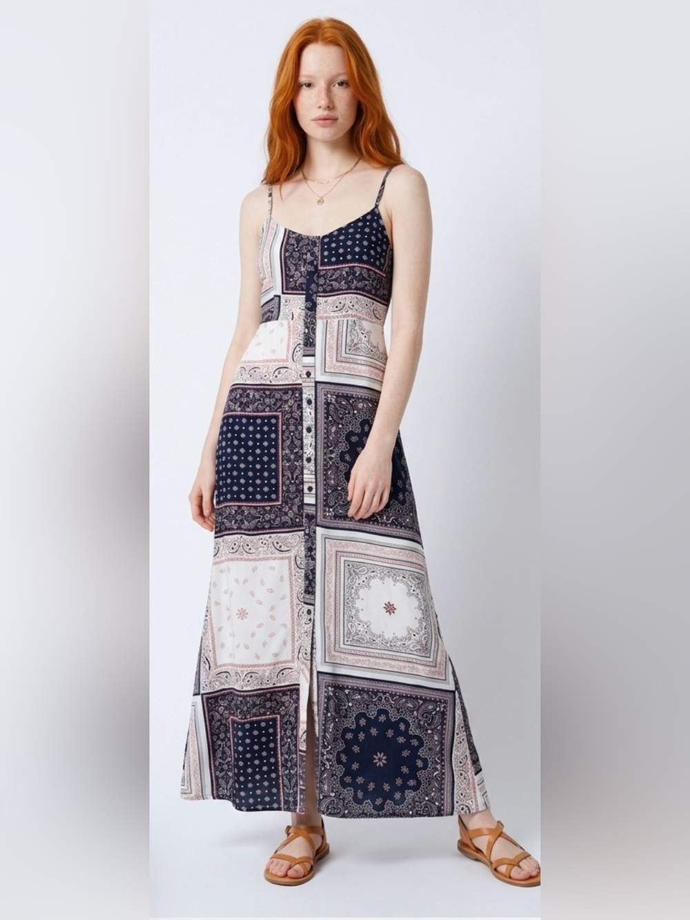 Sleeveless Patchwork Maxi Dress in Navy and Cream